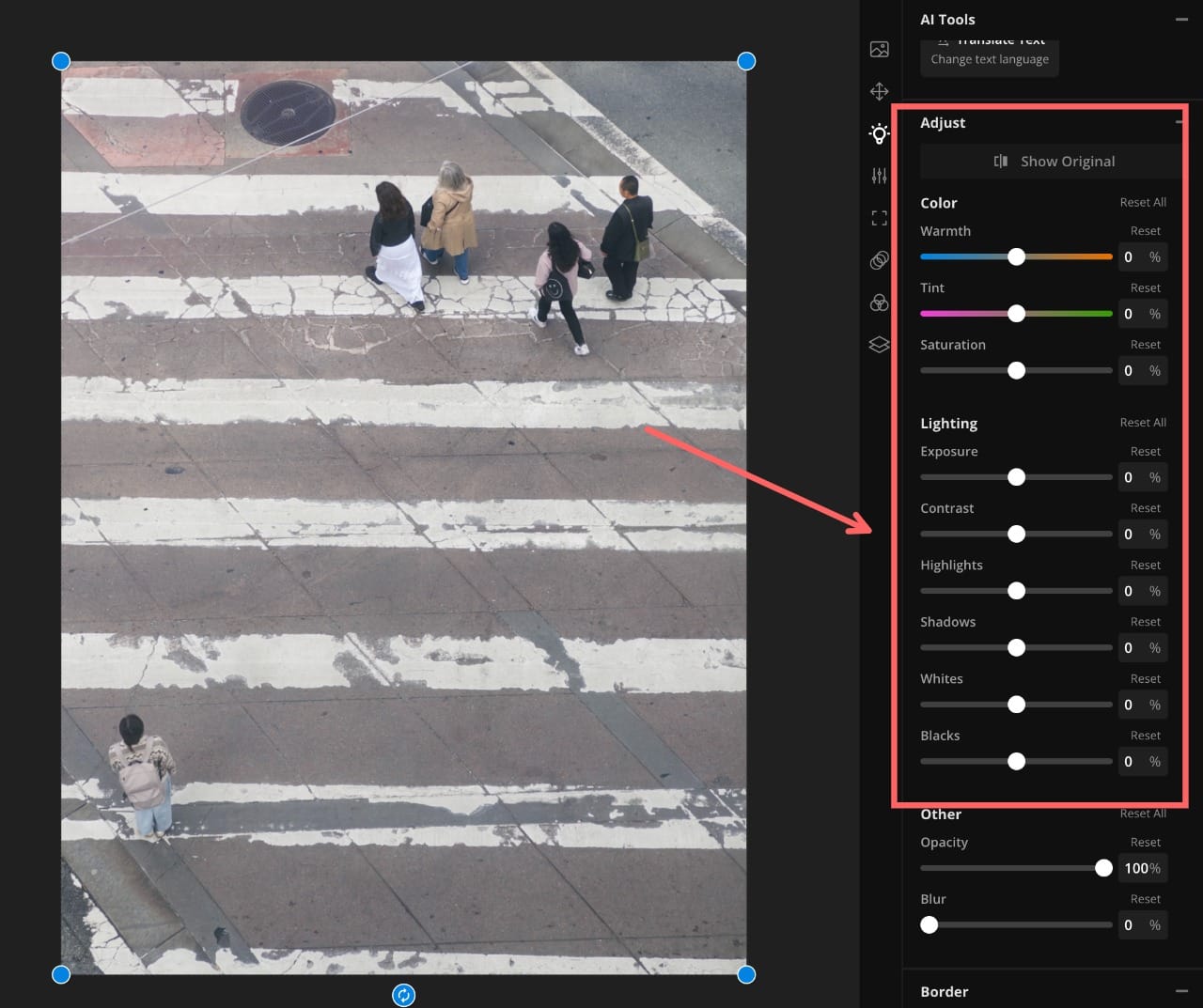 A screenshot showing the Kapwing editor with a color/lighting correction menu