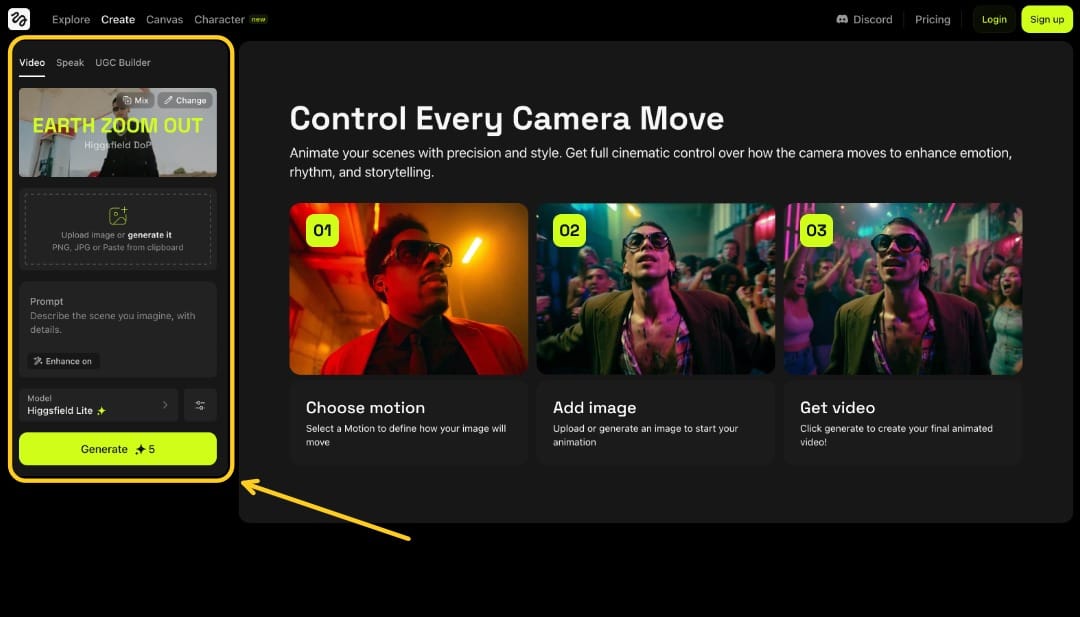 A screenshot showing the generation menu in the Earth Zoom Out effect builder page. 