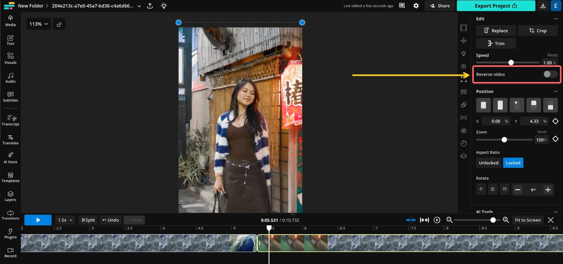 A screenshot of the Kapwing editor, with a circle around the Reverse video toggle