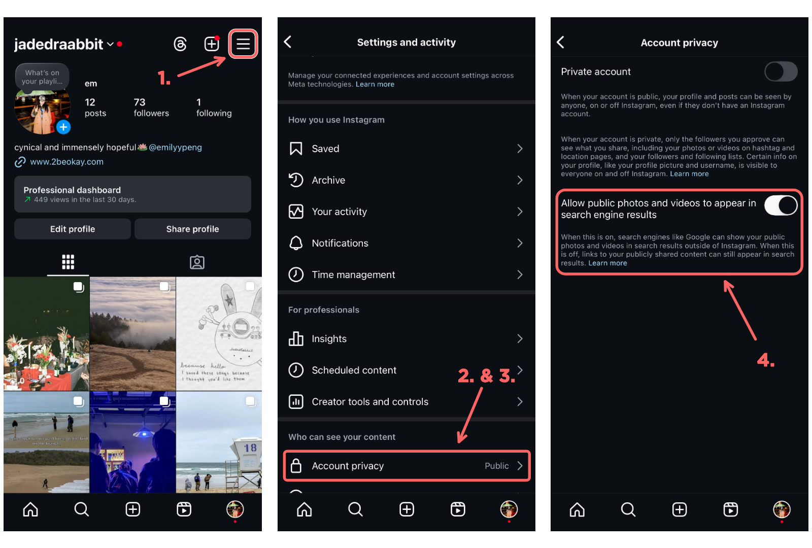 Three screenshots showing how to turn off your posts from being indexed on Google
