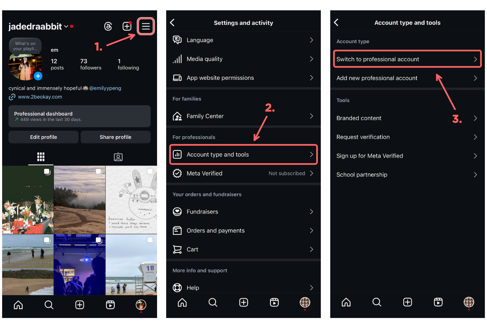 Three screenshots showing how to change an Instagram to a professional account. 