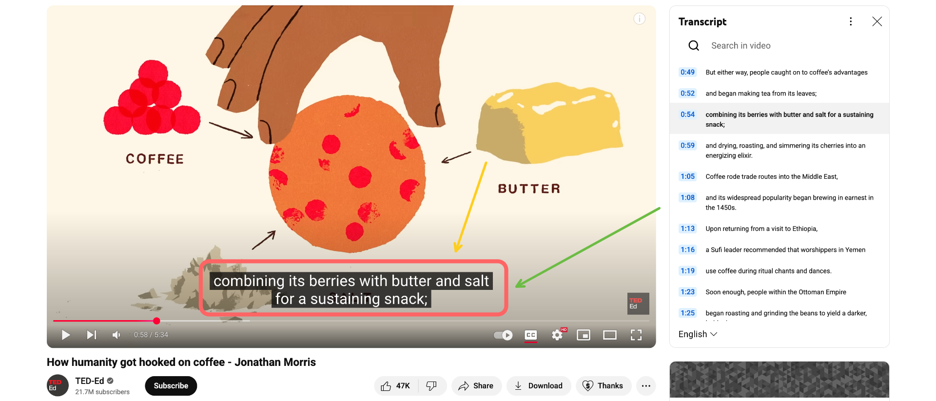 A screenshot of a TedX video with circles around the subtitles and transcript