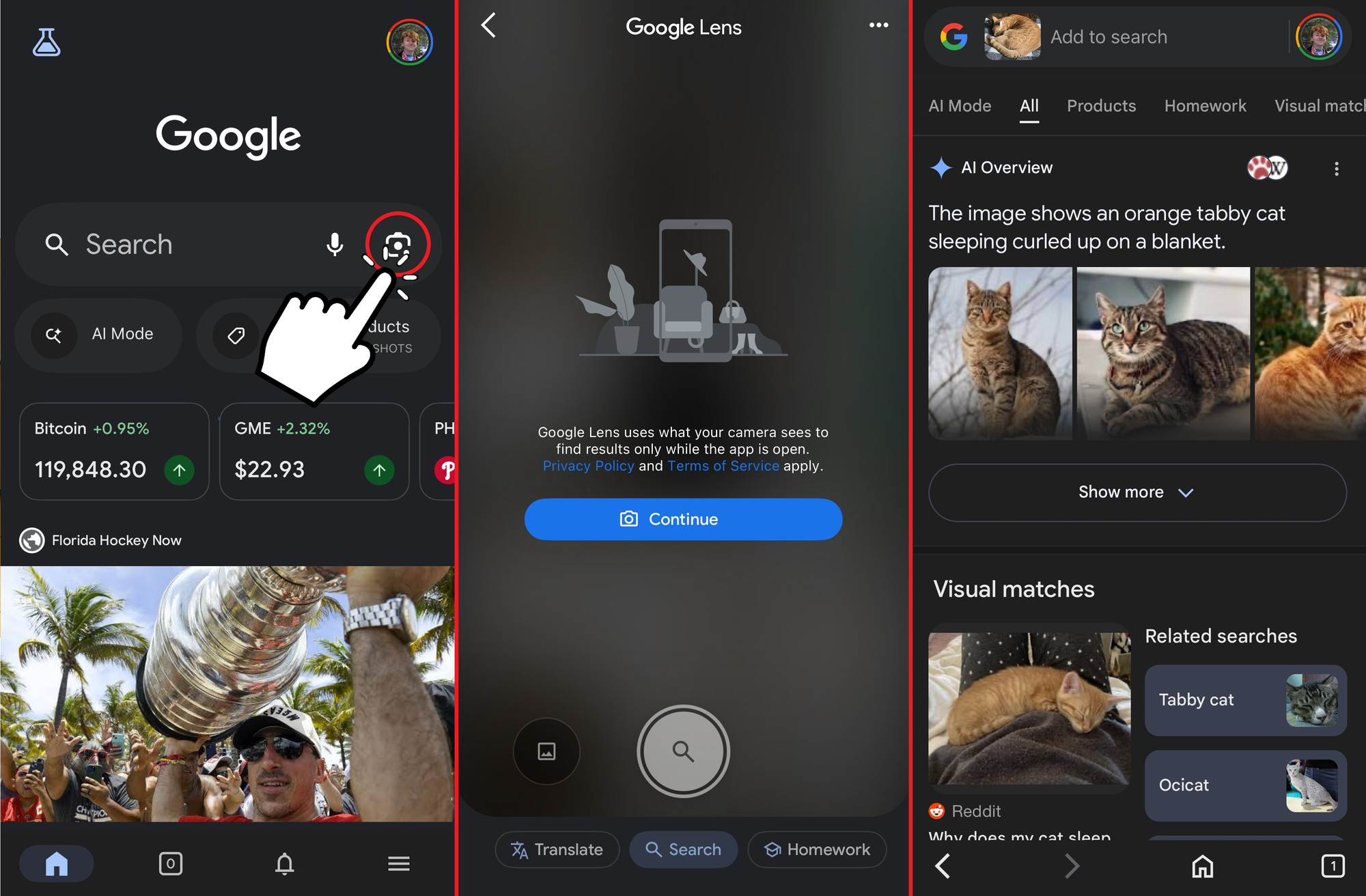 Google Lens mobile app interface showing how to reverse video search by taking a photo.
