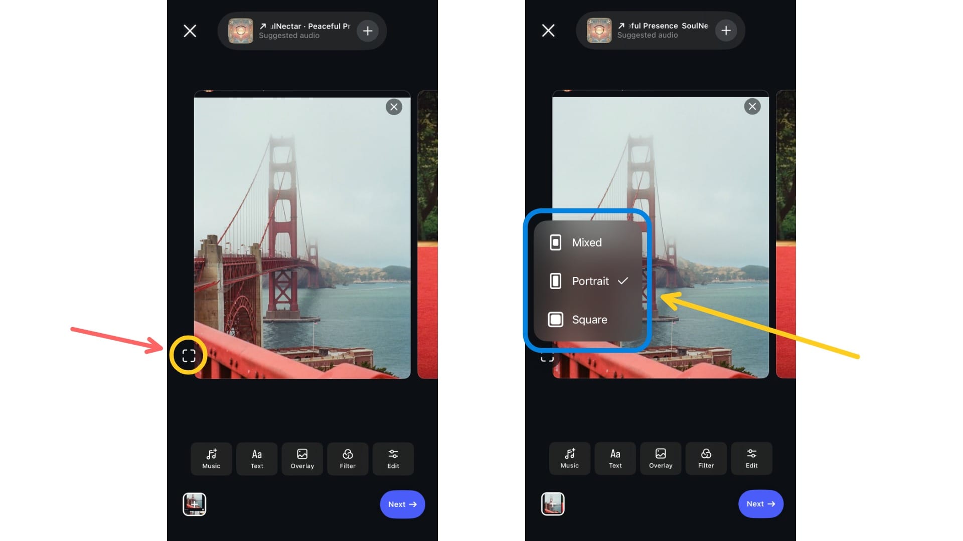 Two screenshots showing how to post mixed photos in a carousel 