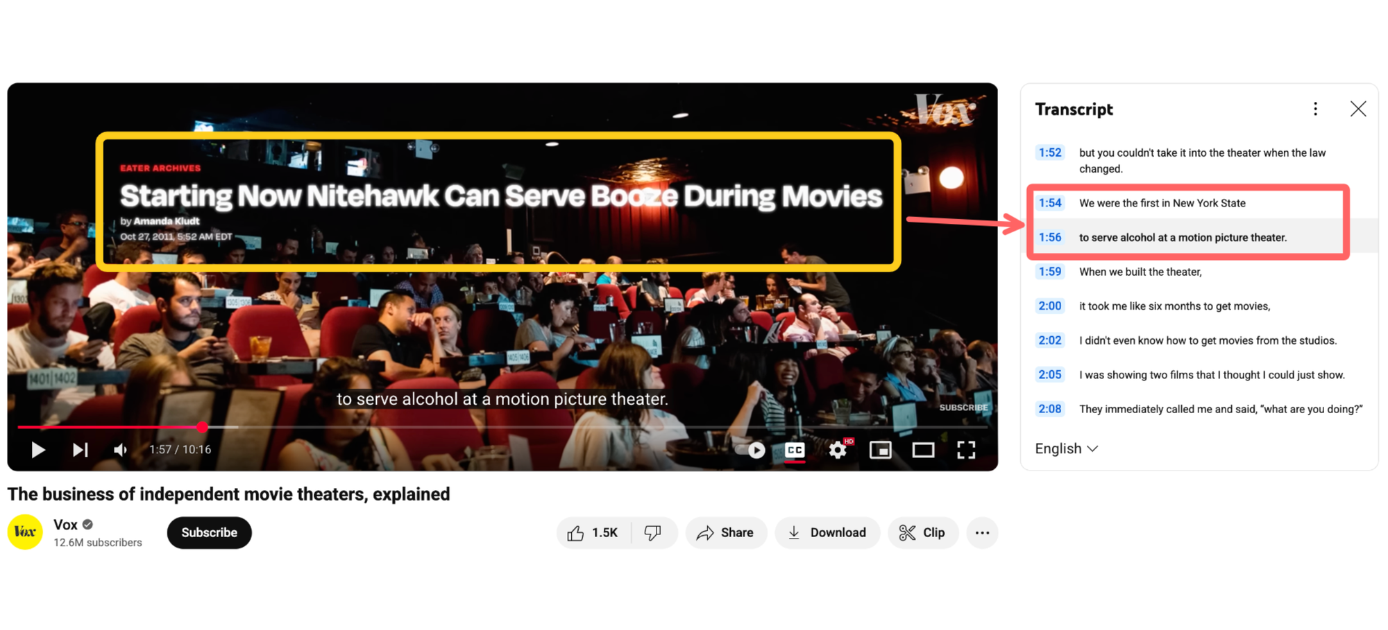 A screenshot of a Vox video that uses a visual, with an arrow pointing to how that visual is translated in the transcript.