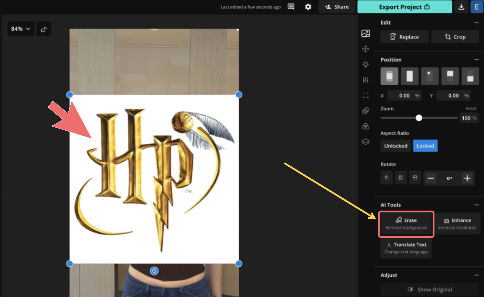 A screenshot showing the selection of an image and the Erase button in the right-hand menu