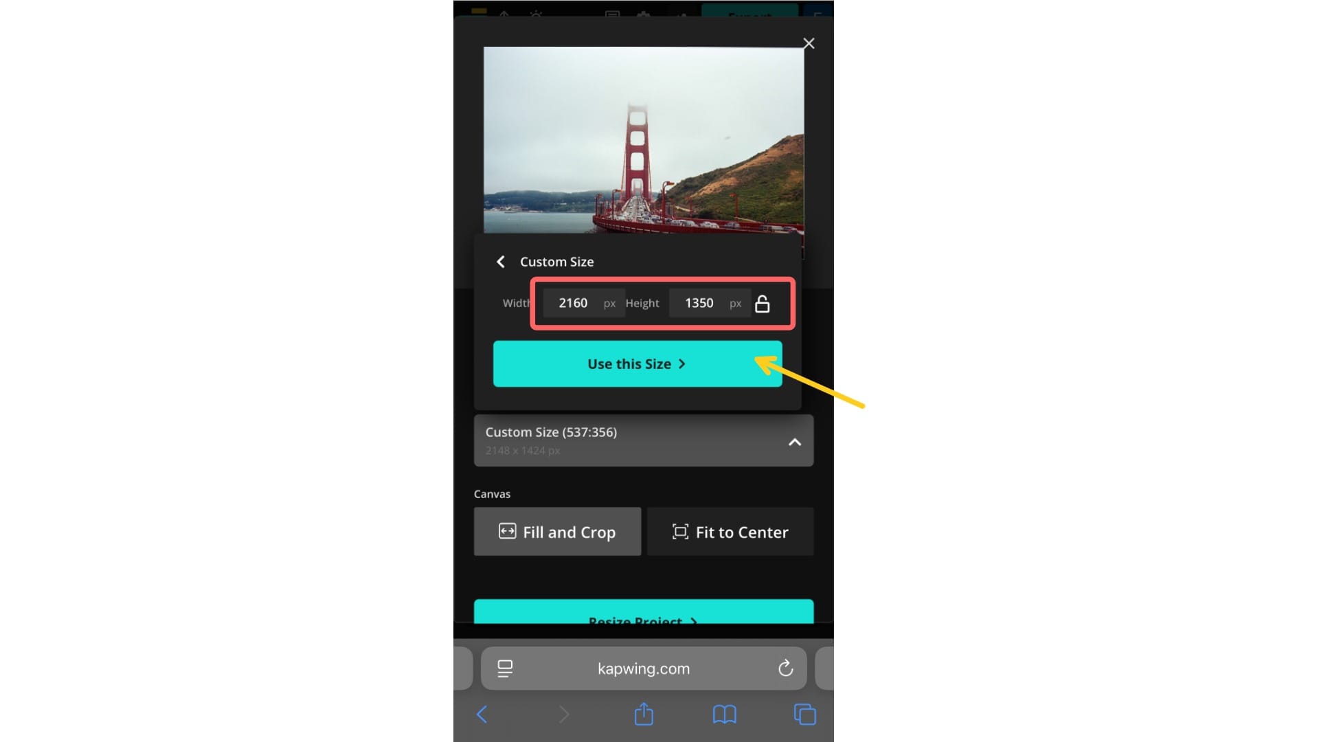 Kapwing's "Custom Size" settings showing a canvas set to 2160×1350 pixels for a 2-slide 4:5 Instagram carousel.