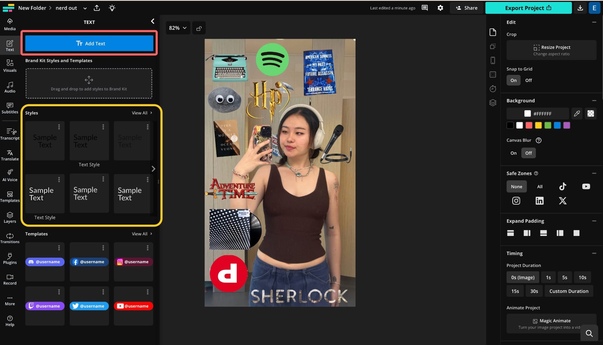 A screenshot showing the Text tab with circles around where to create new text styles and where to browse through existing ones