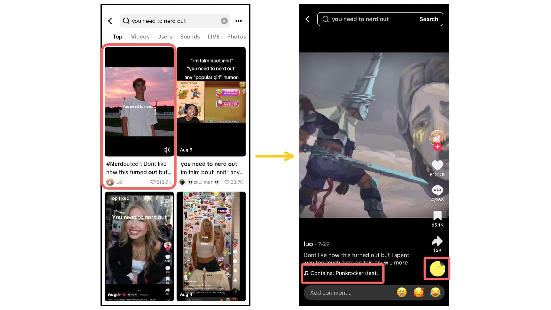 Two screenshots showing how to find a TikTok that uses the NerdOut audio