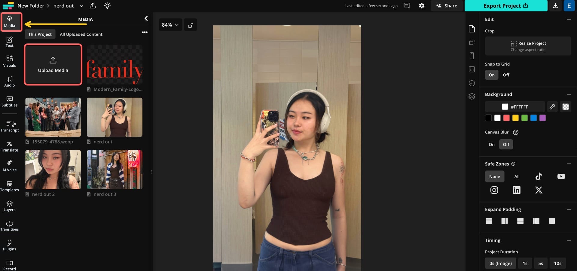 A screenshot of the Kapwing studio with circles around the media tab and add media button