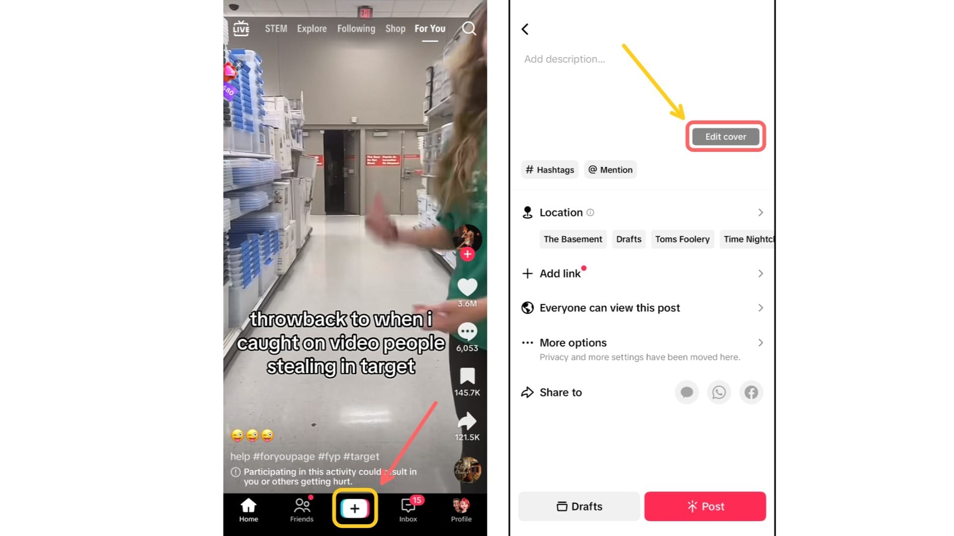 Two screenshots showing how to create a new TikTok and edit the cover image.