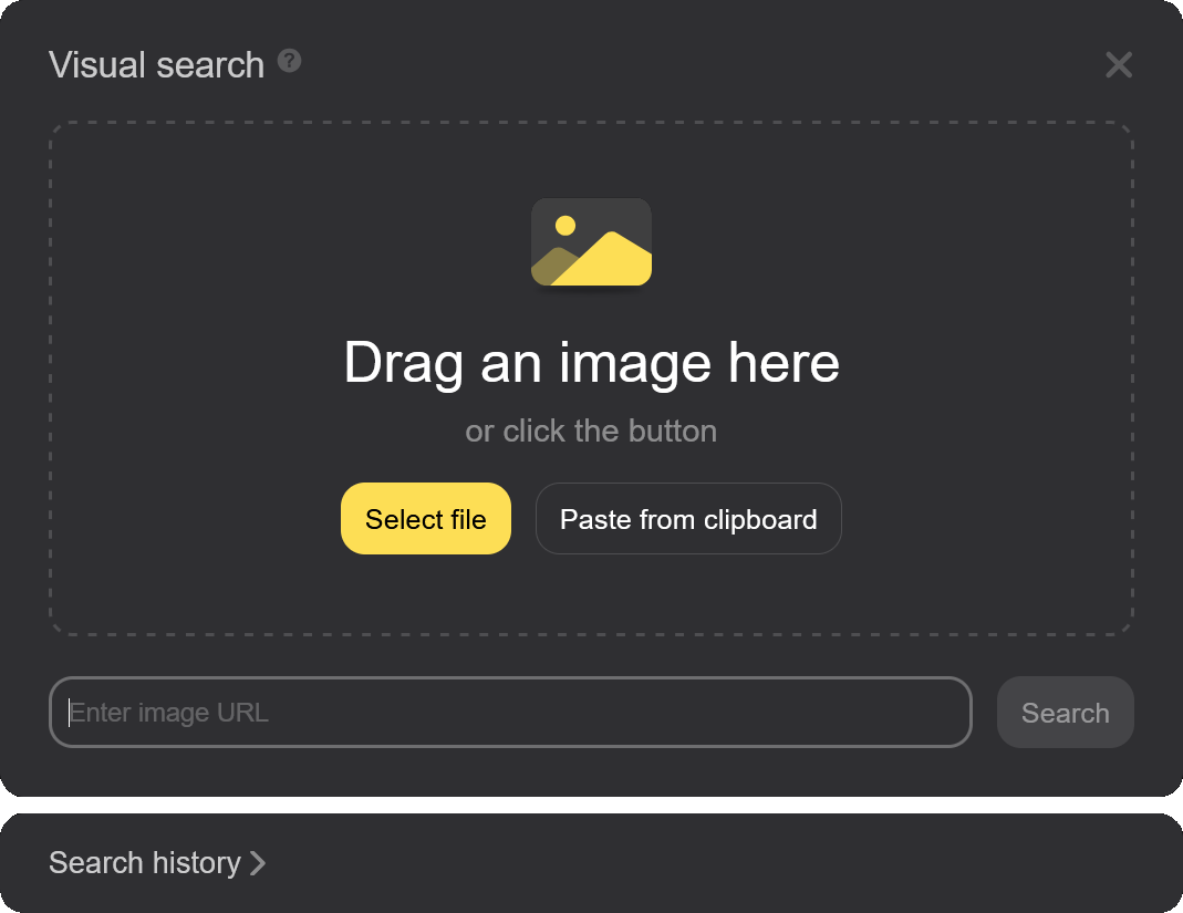 Yandex file uploader showing how to reverse video search with a still image frame.
