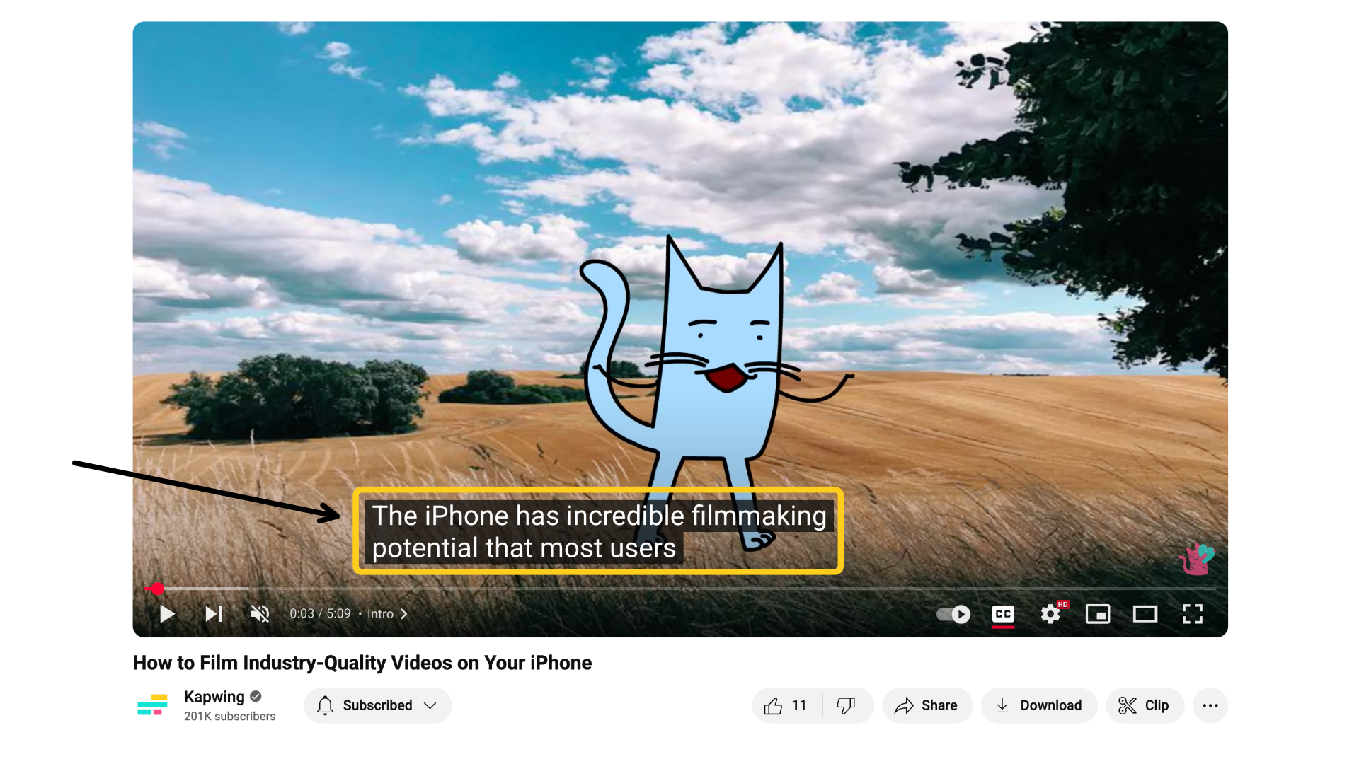 A screenshot showing a YouTube video which includes closed captions. The captions are turned on and circled.