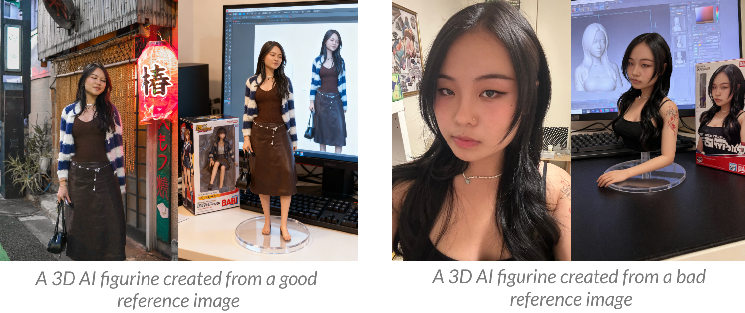 TikTok AI 3D figurine trend comparison image — left side shows a realistic figurine generated from a high-resolution full-body photo, right side shows a distorted figurine generated from a selfie reference.