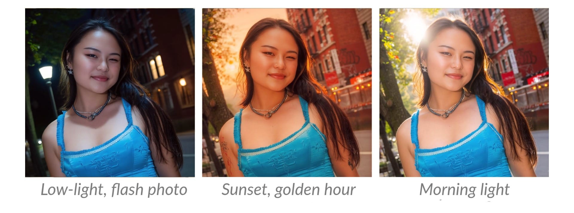 Three AI-edited images of a girl; one done in low-light, one done at golden hour, and one done in morning light