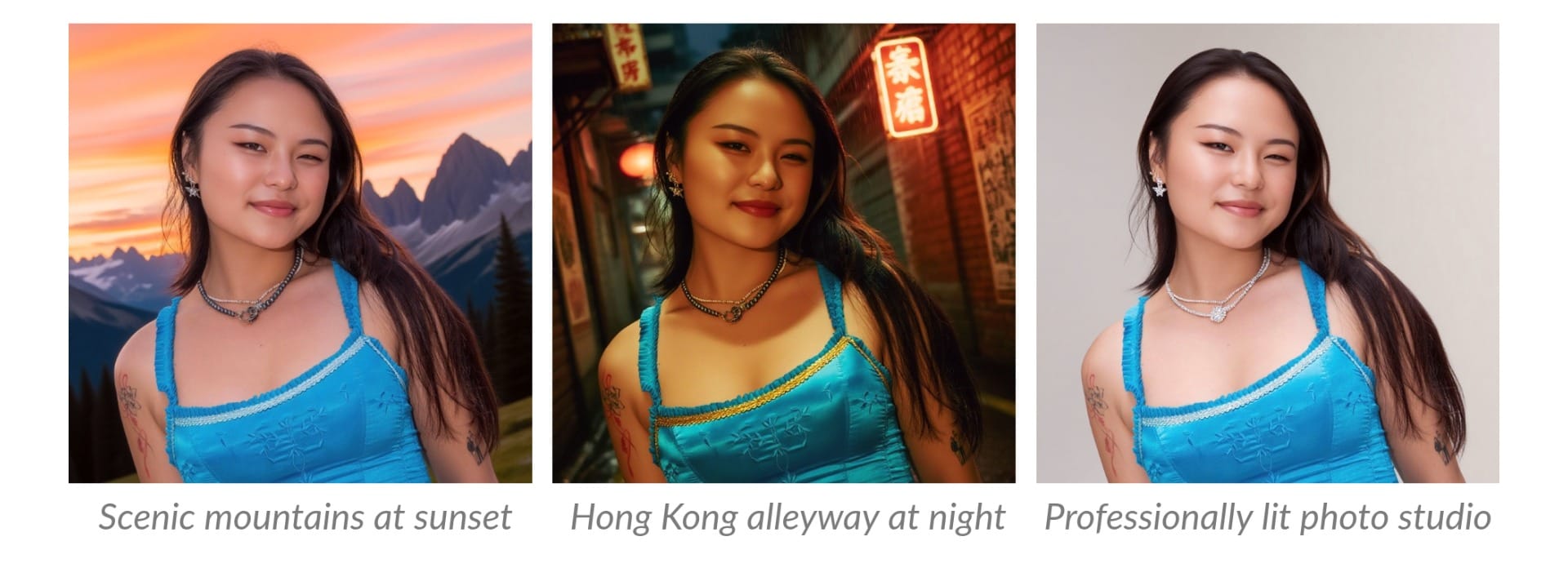 Three AI-edited images of a girl; one with a background of the mountains, one of a Hong Kong alleyway at night, and one in a professional photo studio