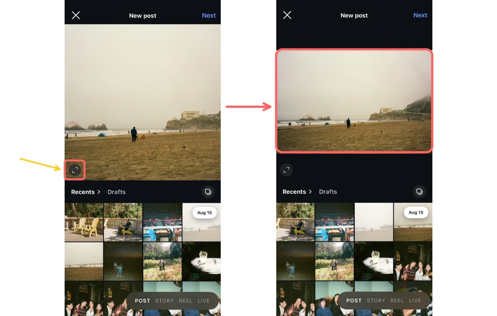 Two screenshots of the Instagram app, showing the frame of a photo before and after using the resize button