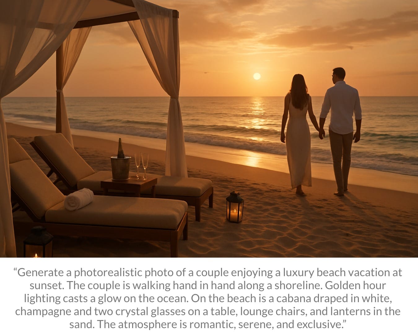 An AI-generated image of a beach created from an advanced image prompt. In the image, it is sunset, and a couple walks in the distance