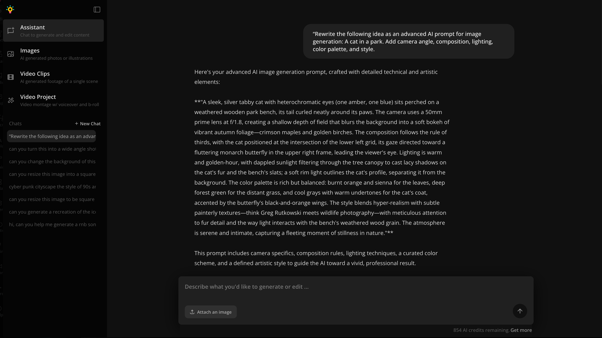 Screenshot of a prompt refinement in an AI assistant, showing a detailed description of a cat on a park bench with technical details such as lens, lighting, and color palette.