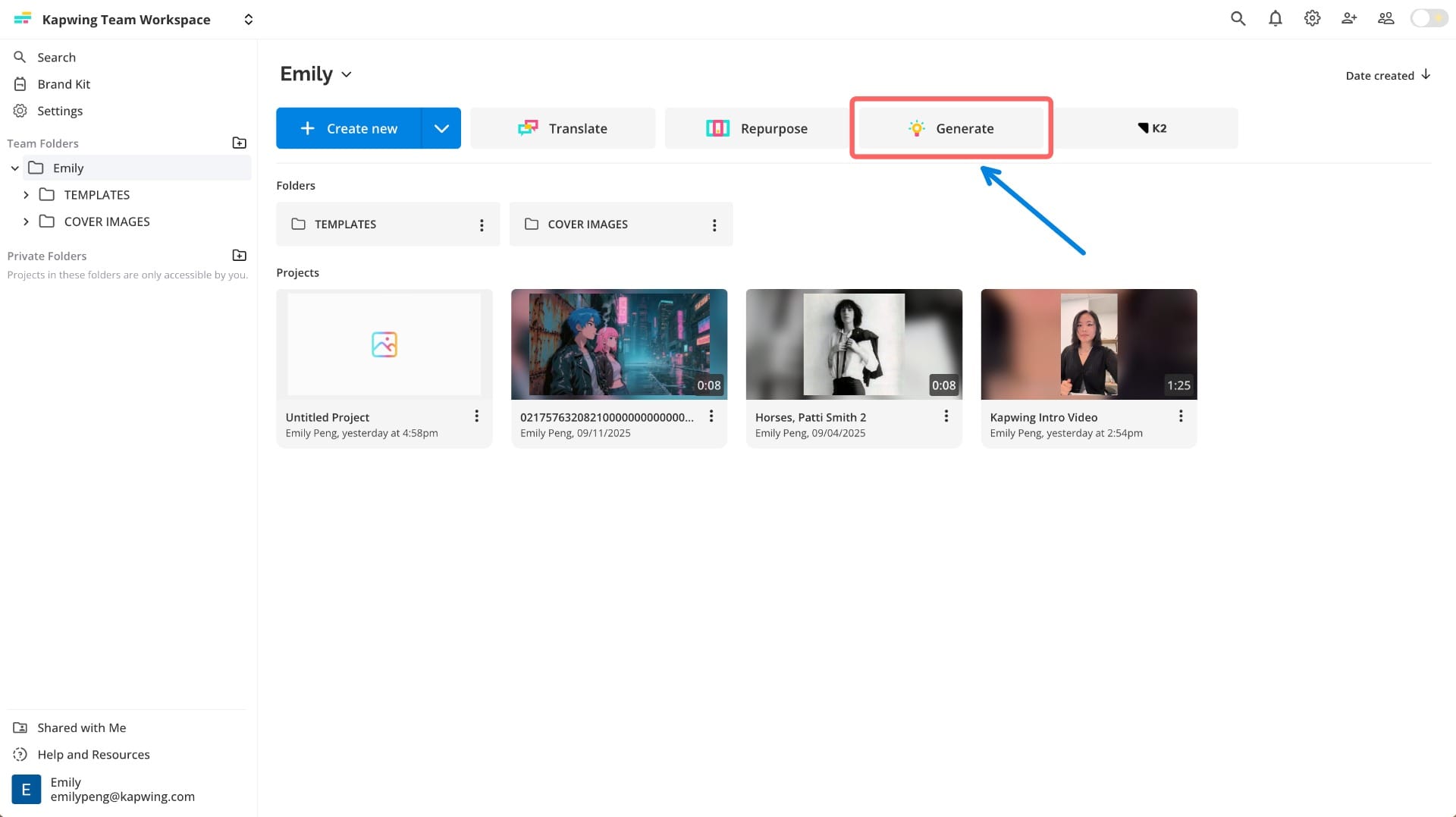 Kapwing interface highlighting the Generate tab where TikTok creators start building AI figurine images, videos, or songs.