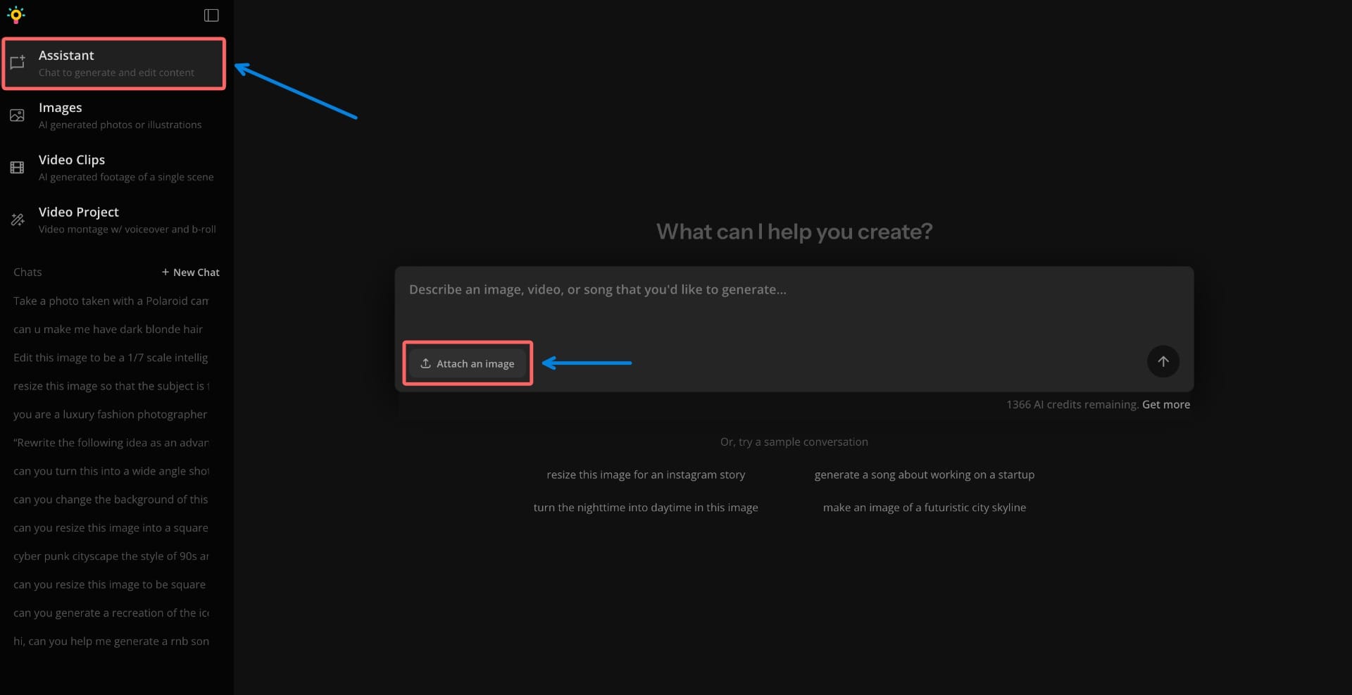 A screenshot showing the Kapwing AI assistant interface, with a circle around the Attach an Image button