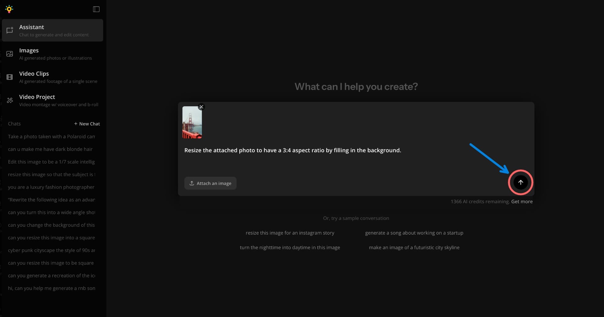 A screenshot of the Kapwing AI Assistant with the prompt and reference photo filled in, with an arrow around the generate button