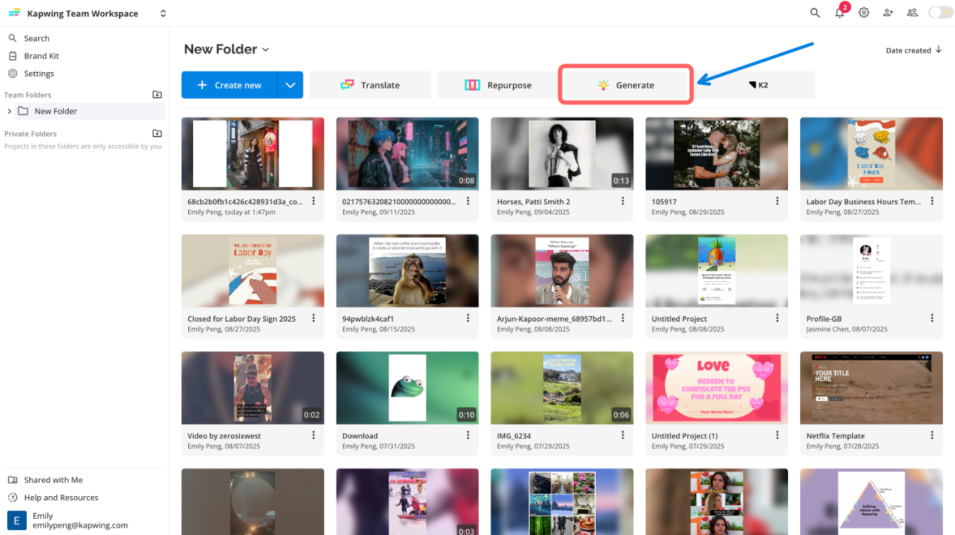 Kapwing interface highlighting the Generate tab where TikTok creators start building images, videos, or songs.