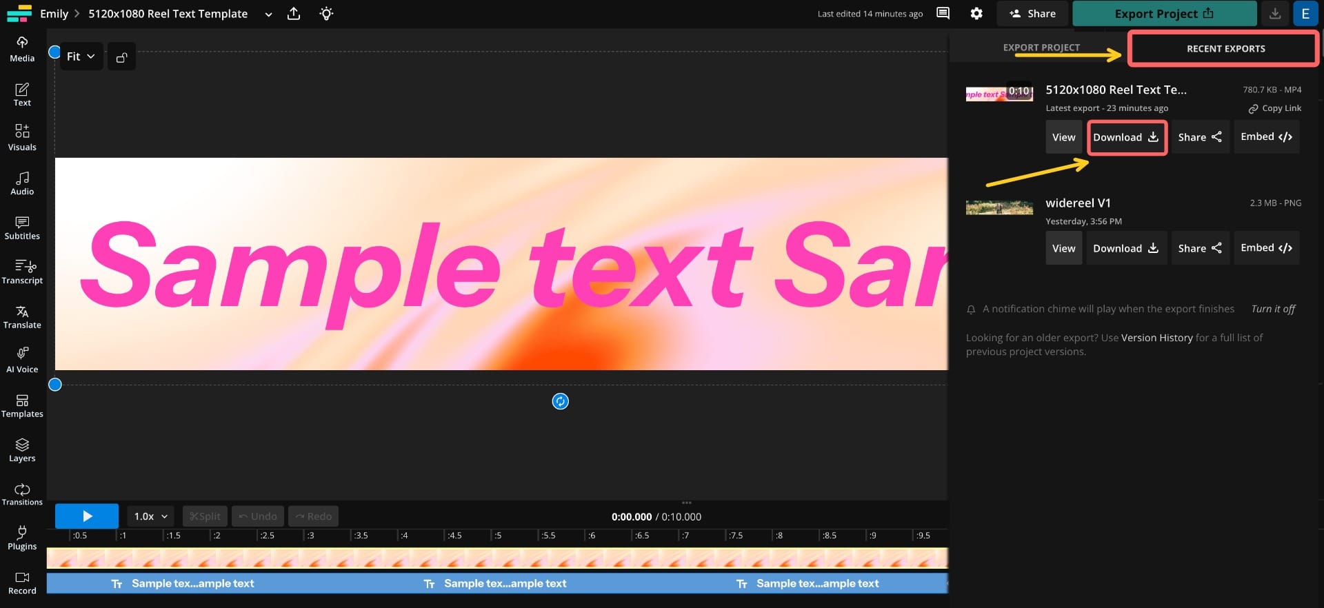 Screenshot of Kapwing’s Recent Exports tab showing the Download button for a completed 5120×1080 text reel.