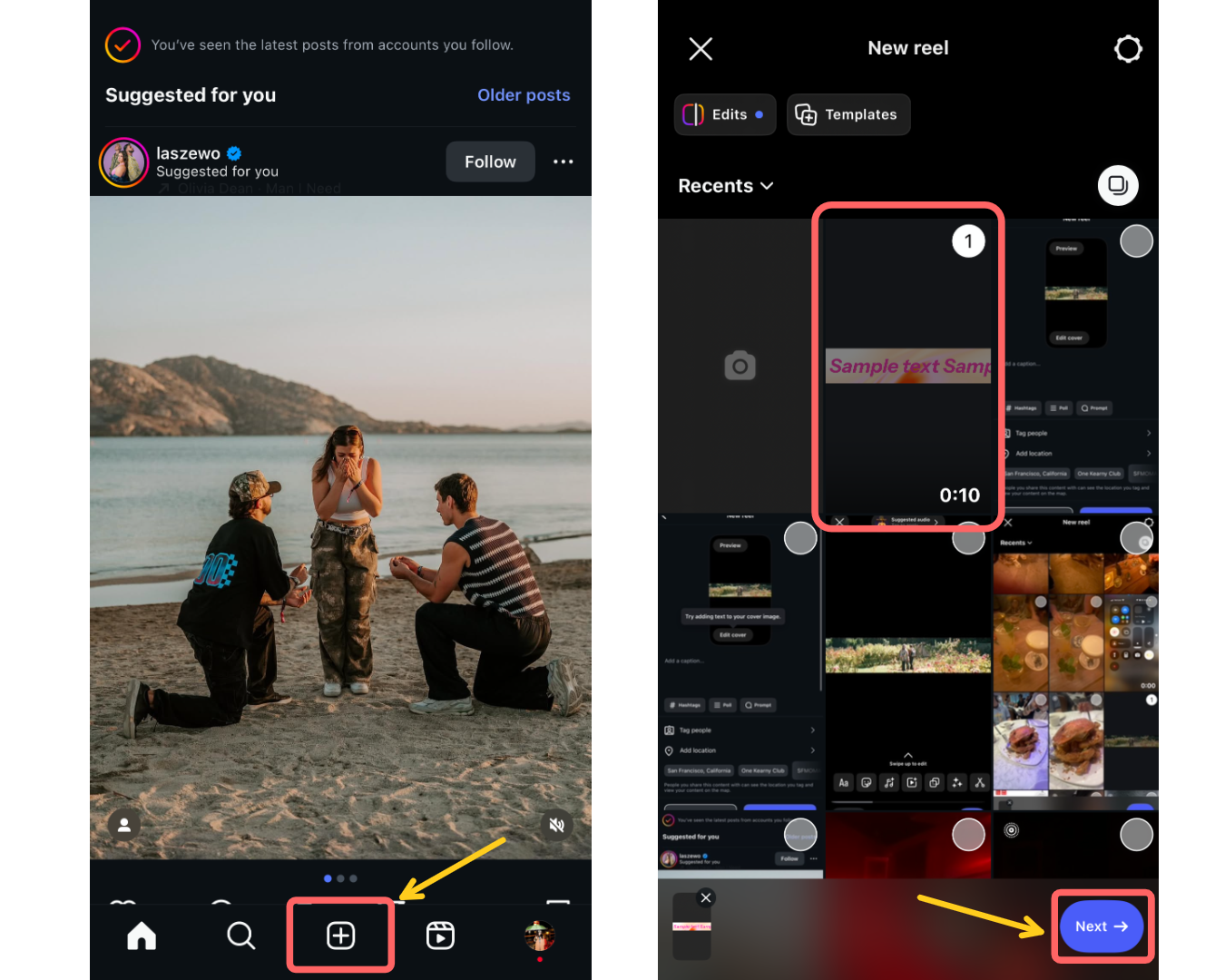 Screenshot of the Instagram app showing the + button to create a new Reel and the upload screen with a 5120×1080 video selected.
