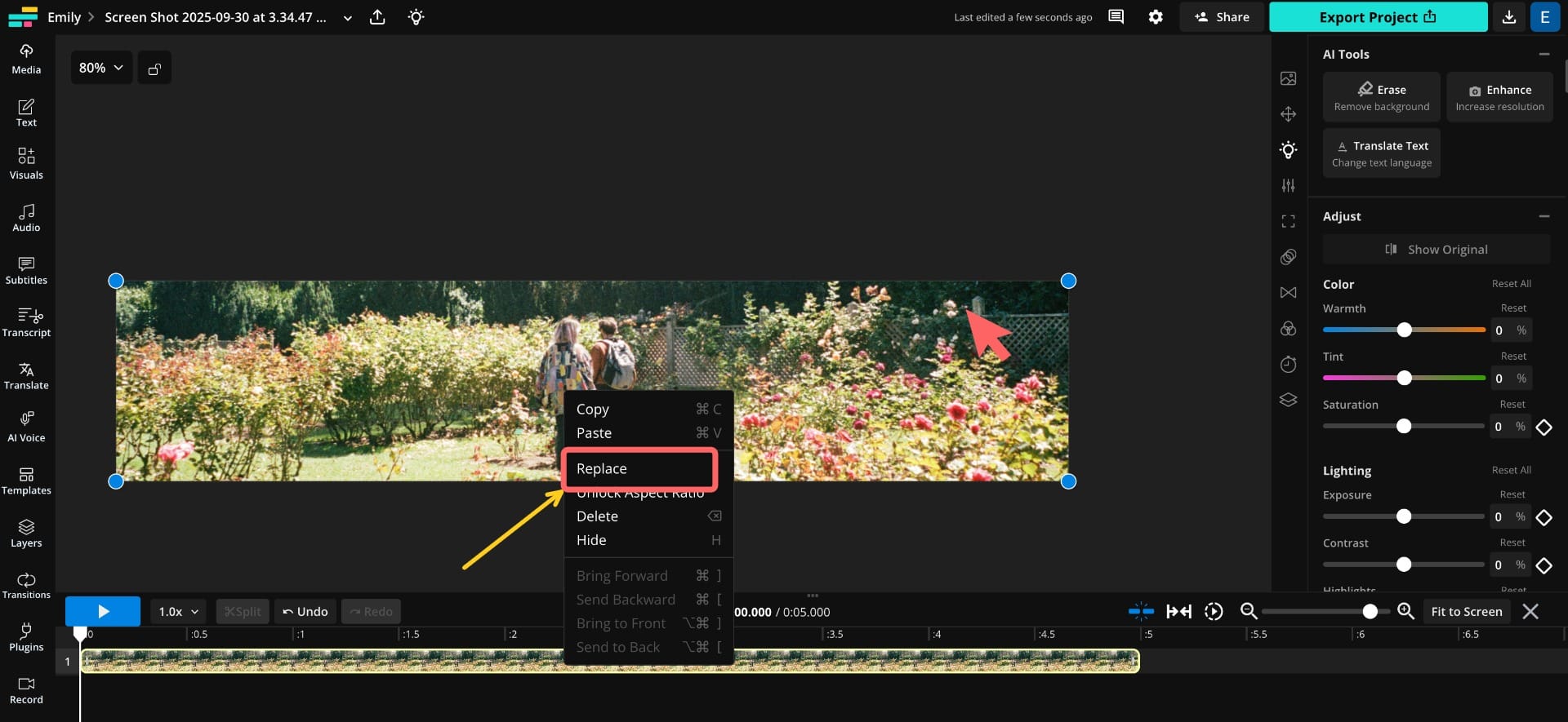 Screenshot of Kapwing’s editing interface showing how to replace the default image in a 5120×1080 template.