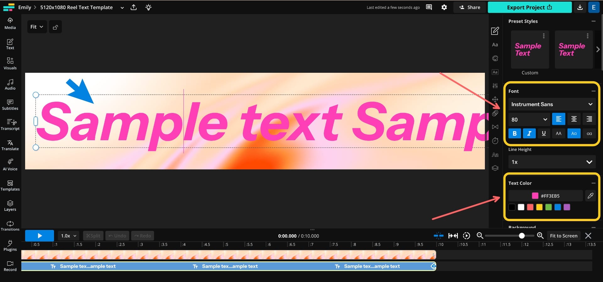 Screenshot of Kapwing’s editing panel showing how to adjust text style and color in a 5120×1080 text template.
