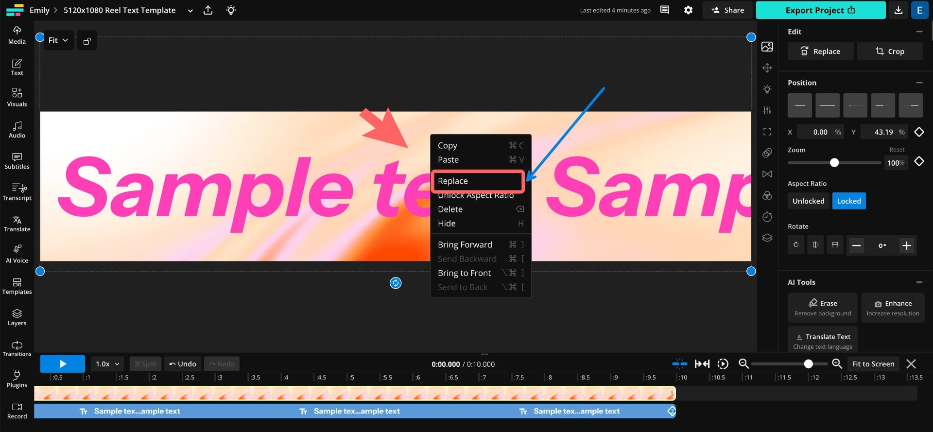 Screenshot of Kapwing editor showing how to replace the background image in a 5120×1080 text template.