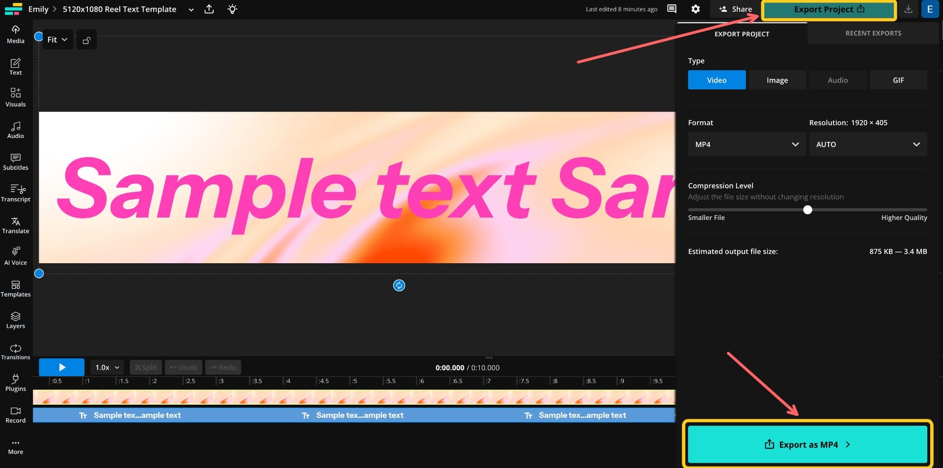 Screenshot of Kapwing’s export menu with file type and resolution options for a 5120×1080 project.