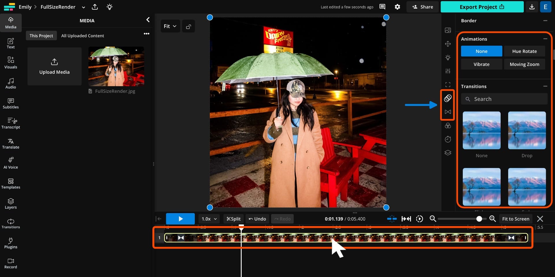 A screenshot of Kapwing studio with a circle around the animation and transitions section in the right-hand toolbar.
