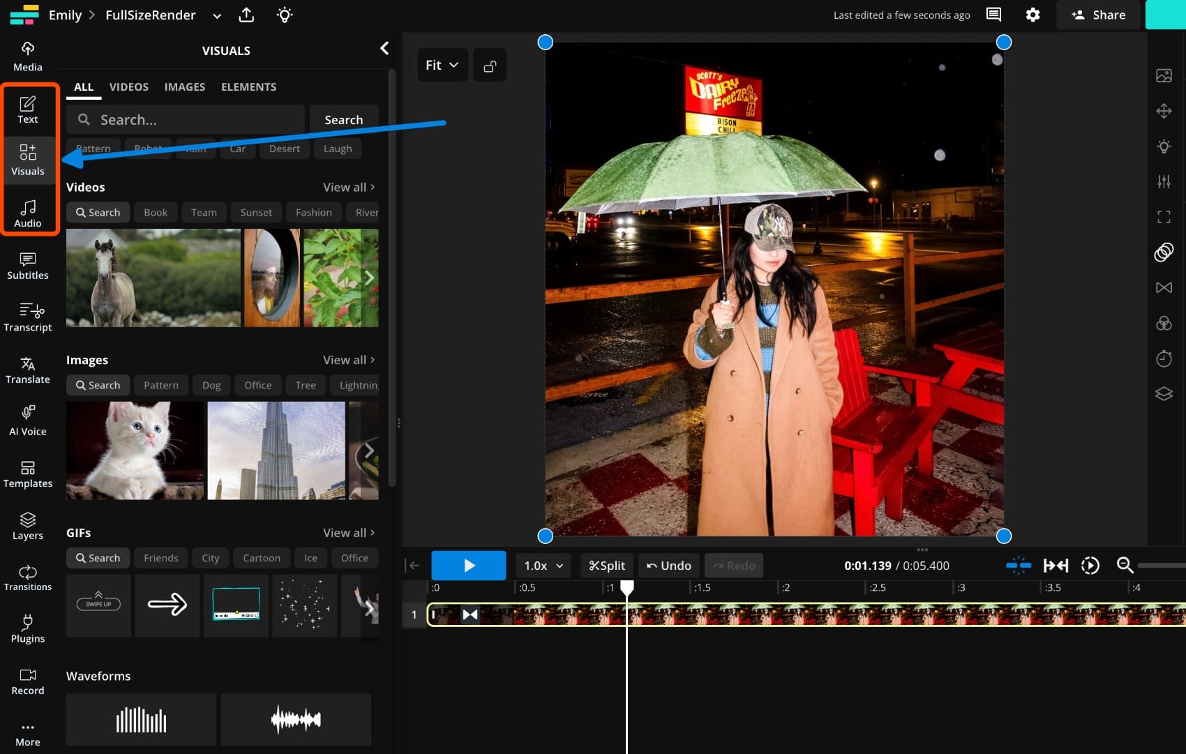 A screenshot of Kapwing studio with a circle around the creative elements section in the left-hand toolbar.