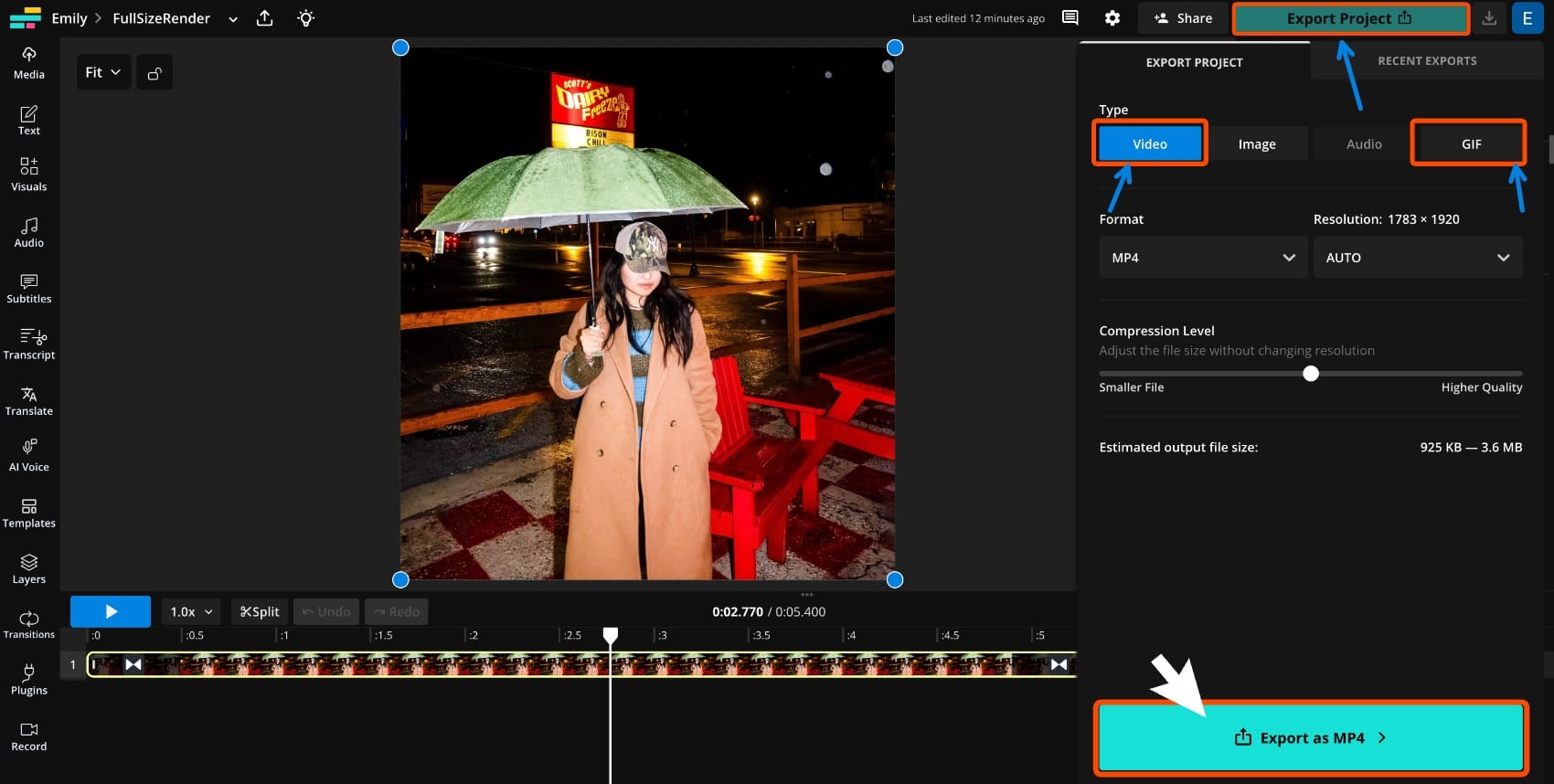 A screenshot of the export menu with a circle around the "Export as MP4" button.