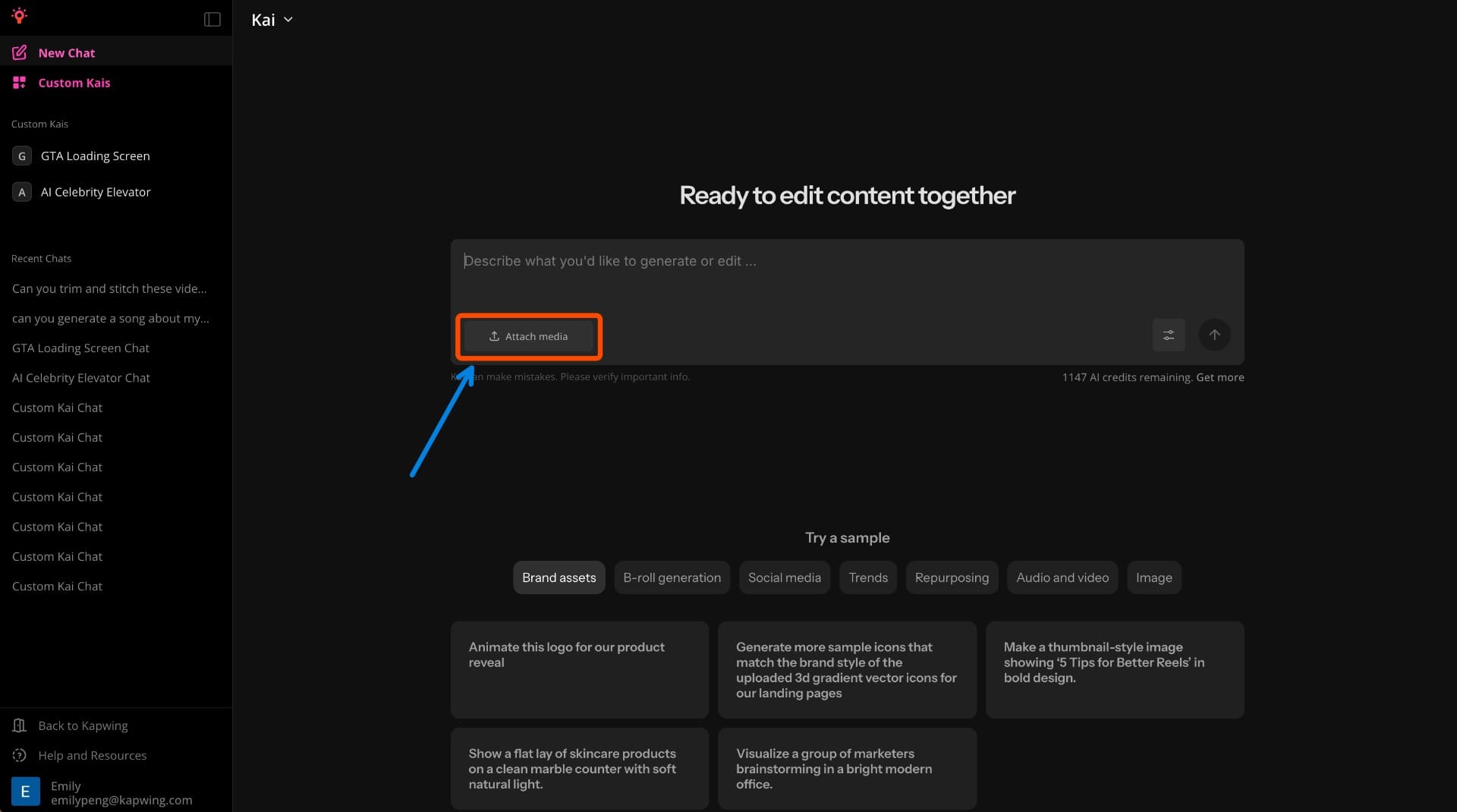 A screenshot of the Kai homepage with a circle around the Attach Media button. 