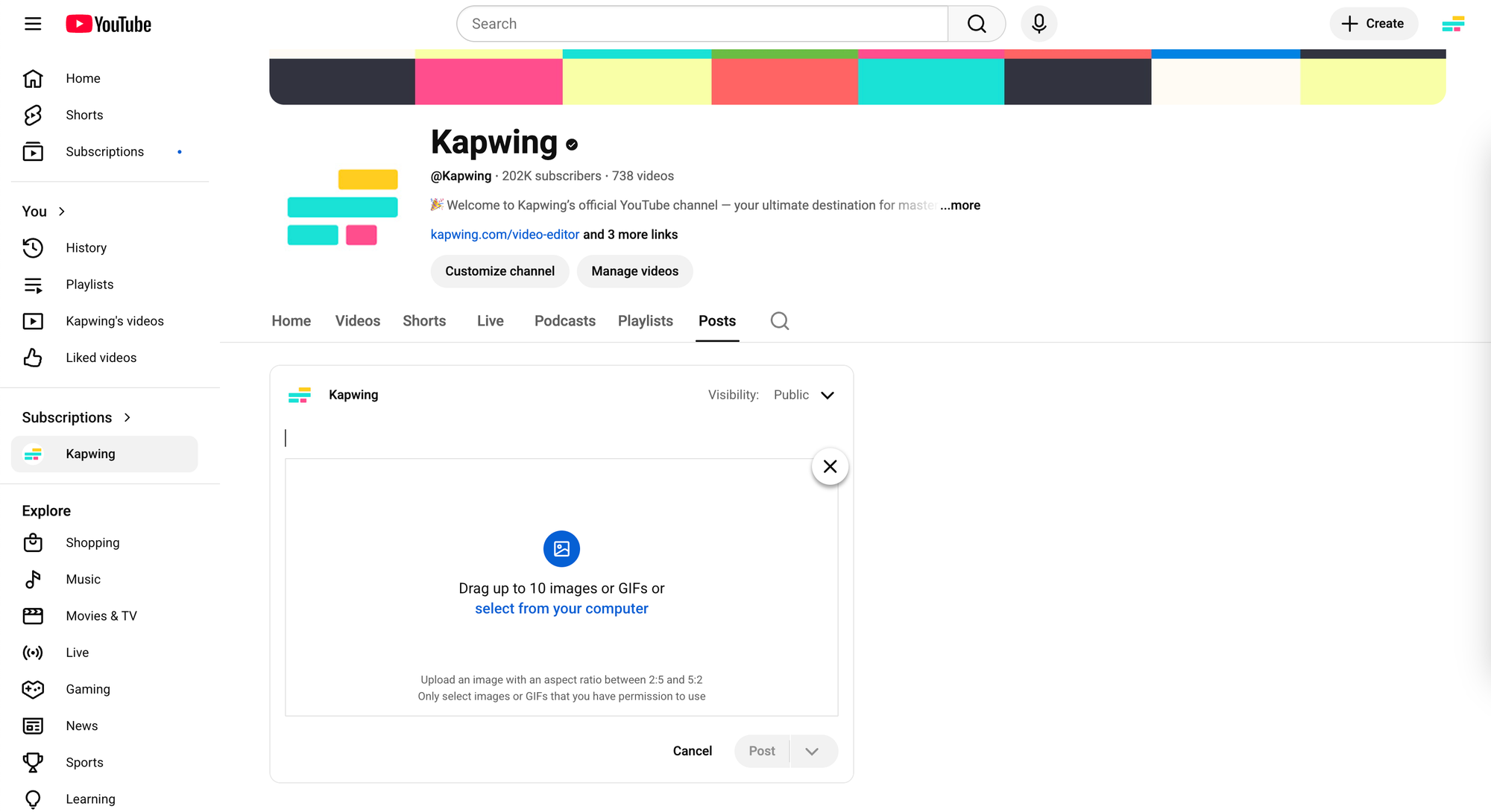 Upload screen where creators can drag and drop images to post on the YouTube Community tab.