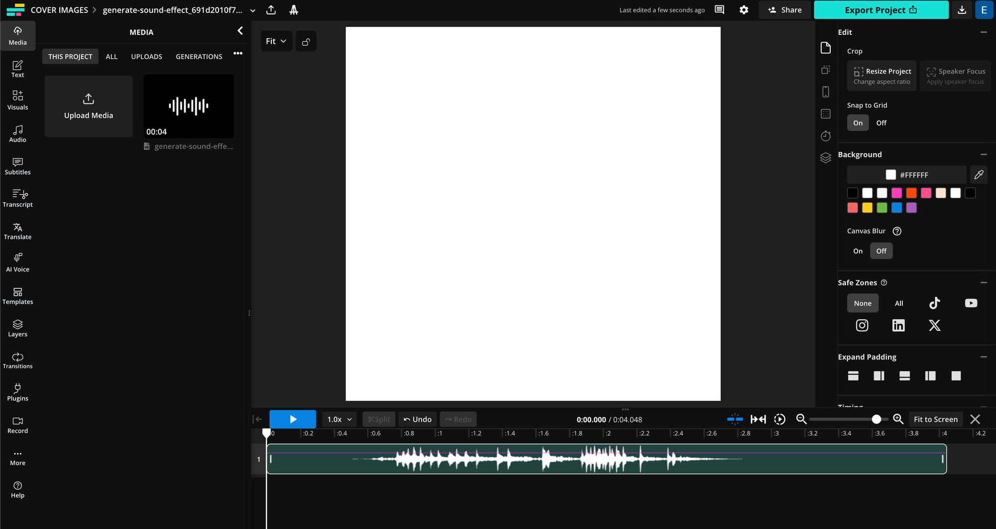 Kapwing Studio editor with AI-generated sound effect loaded into timeline for full project editing