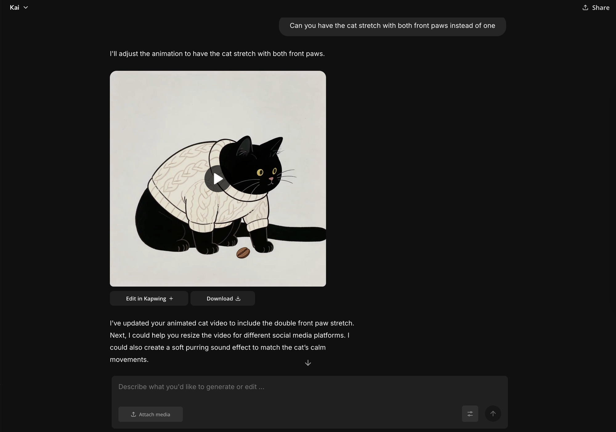 Kai interface showing a Sora-generated cat animation with tools to refine the prompt and regenerate improved video variations.