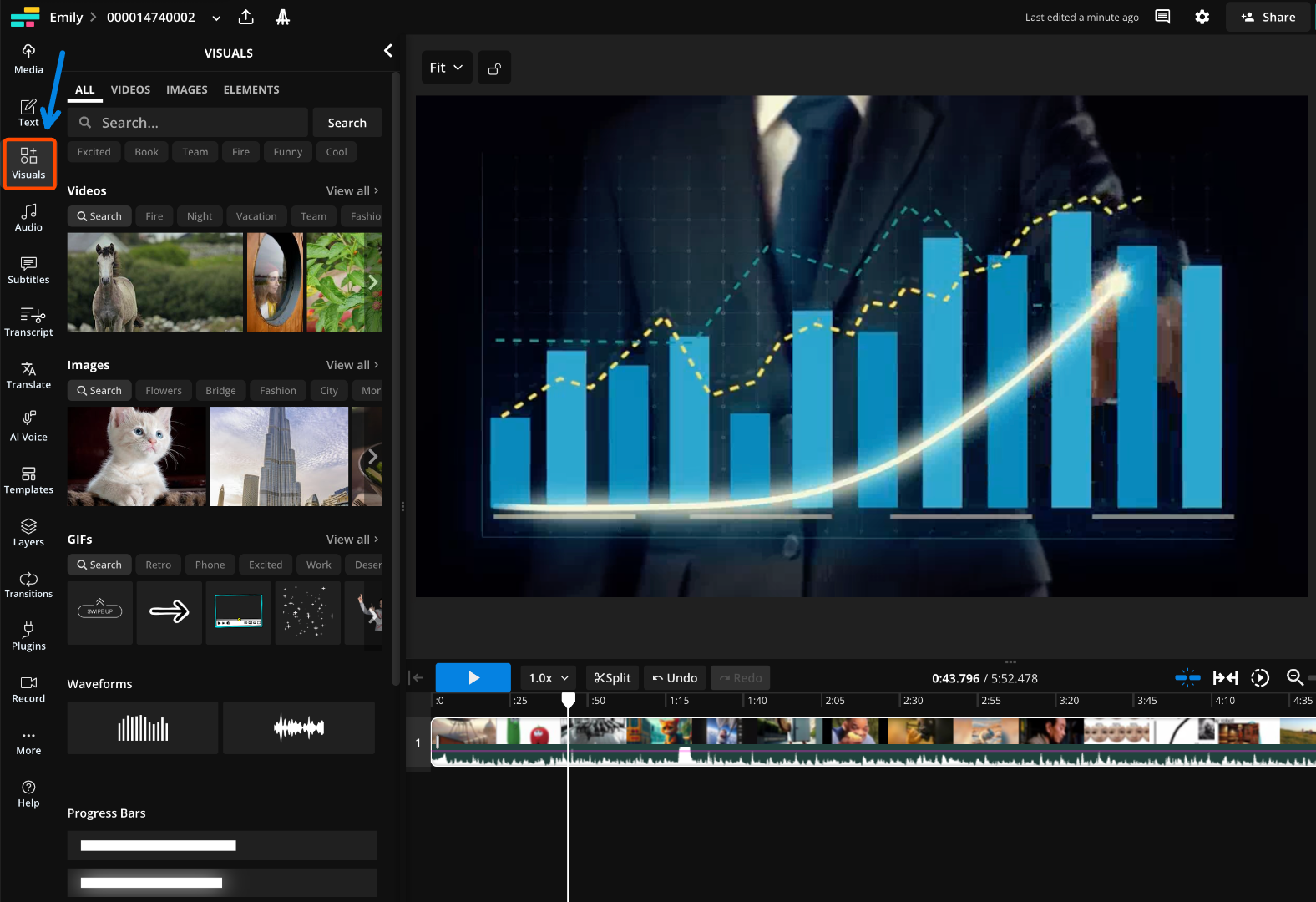A screenshot showing the Kapwing studio with a circle around the visuals tab on the left-hand toolbar.