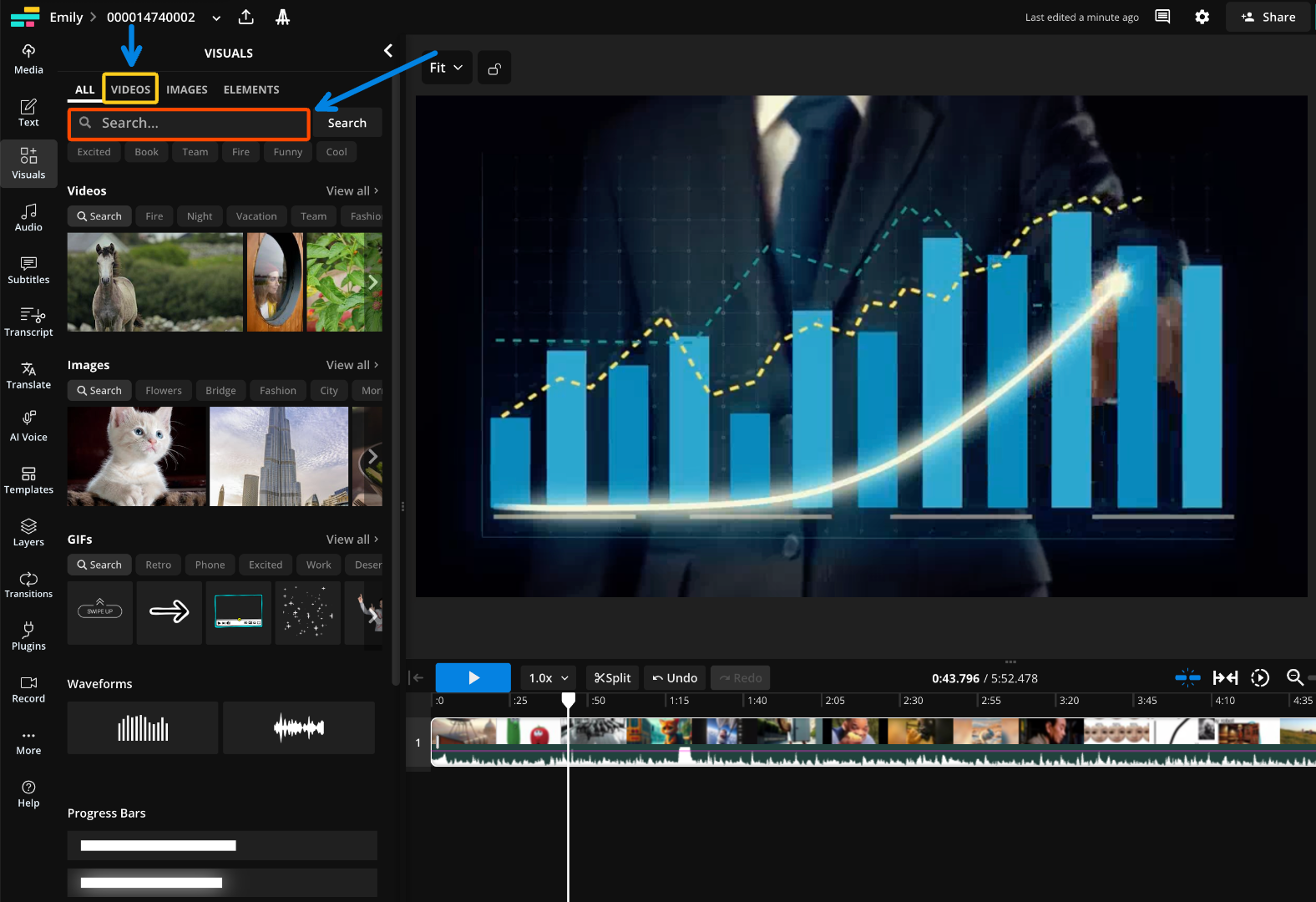 A screenshot of the Kapwing studio with circles around the stock footage categories and search bar