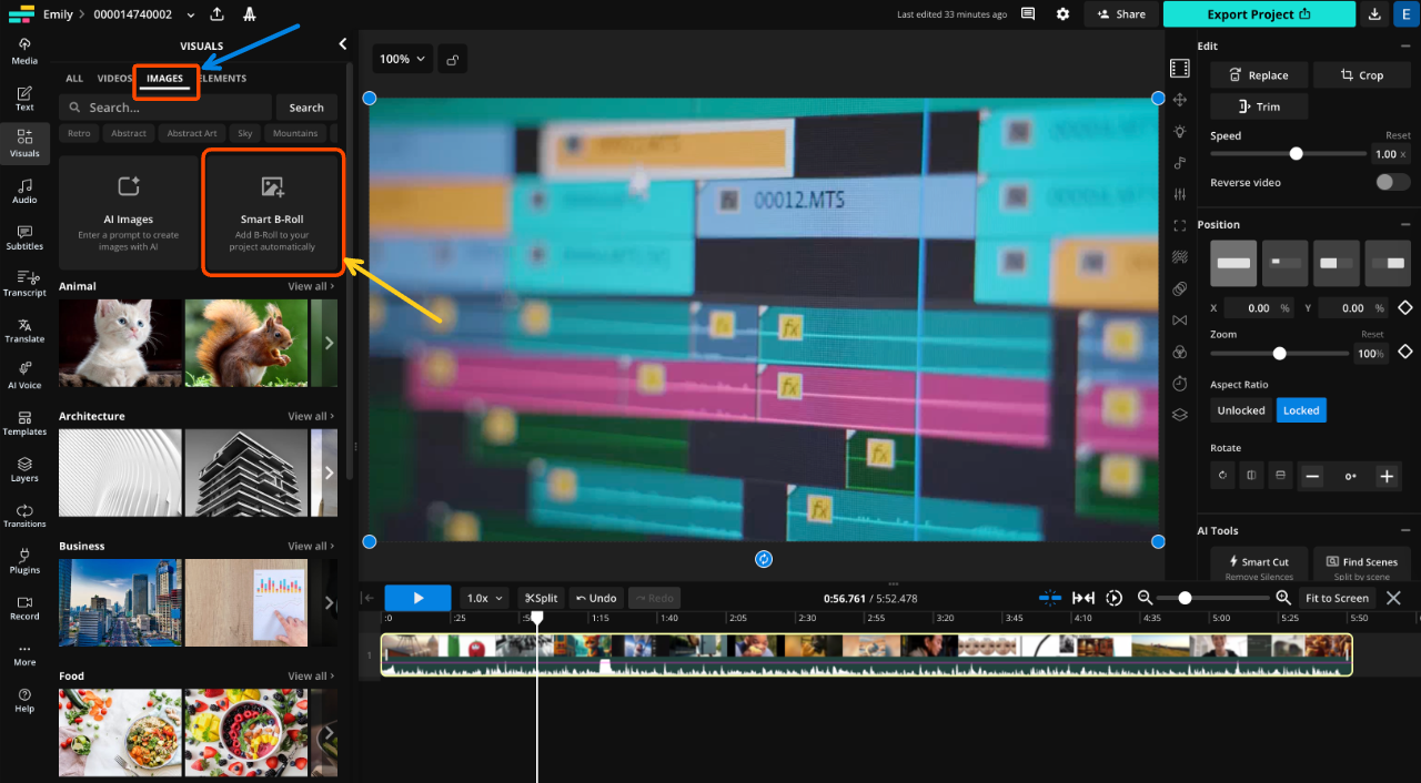 A screenshot of the Smart B-Roll tool in the images tab on the left-hand toolbar