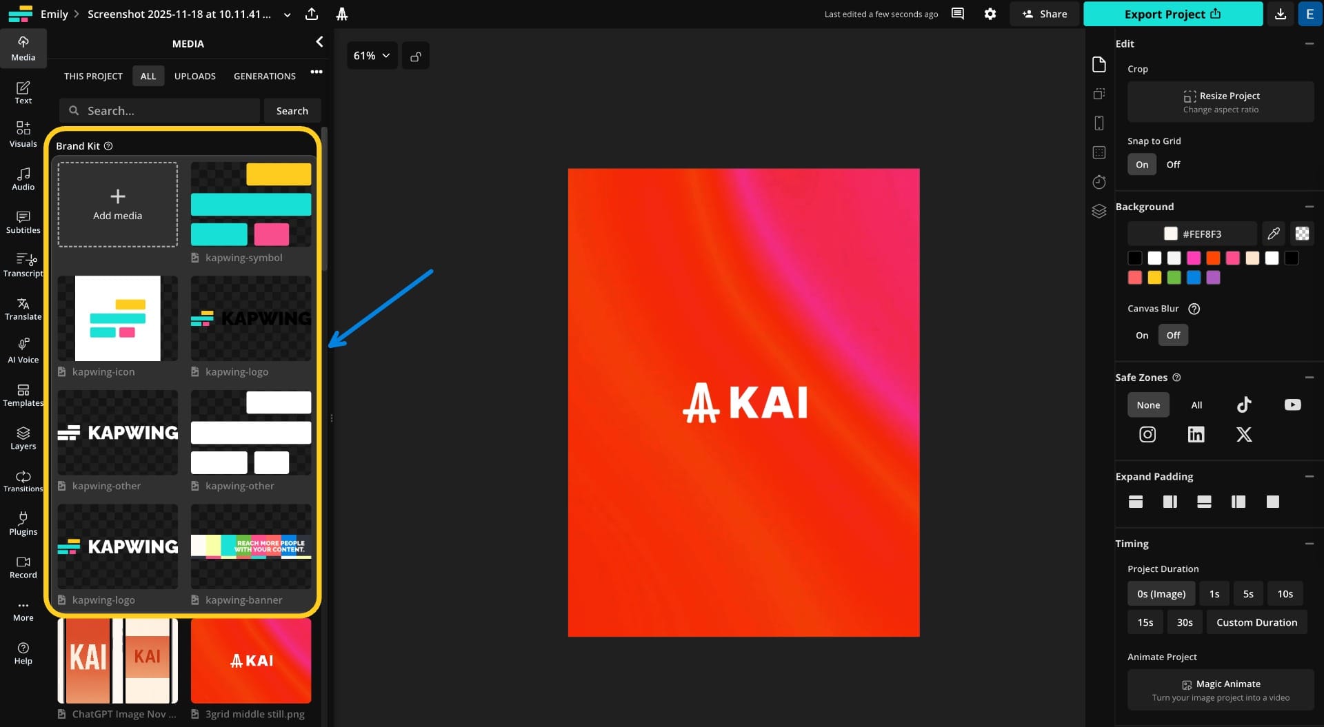 Kapwing’s editor with brand kit applied to a YouTube image post design for consistent visual identity.