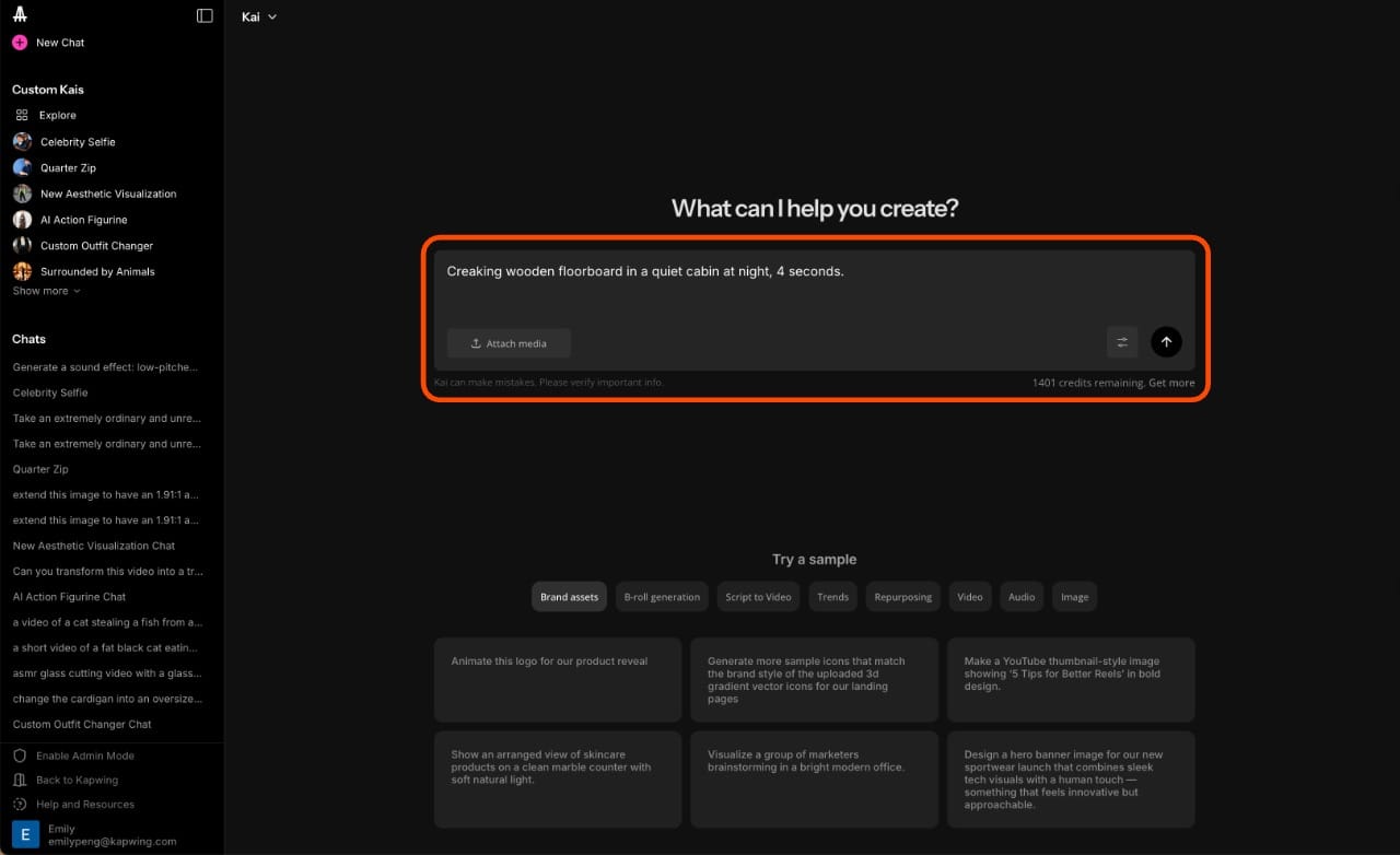 User typing a sound effect prompt into Kapwing Kai’s AI sound generator
