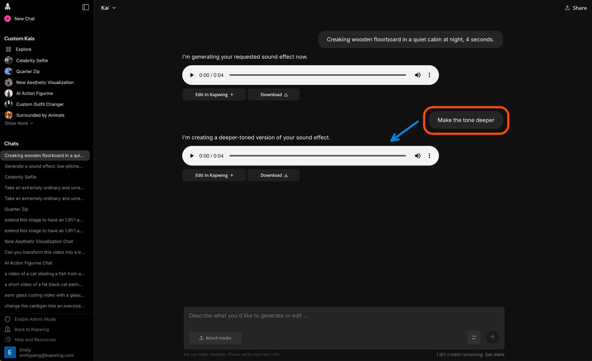 Kapwing Kai generating and adjusting AI sound effects based on user feedback