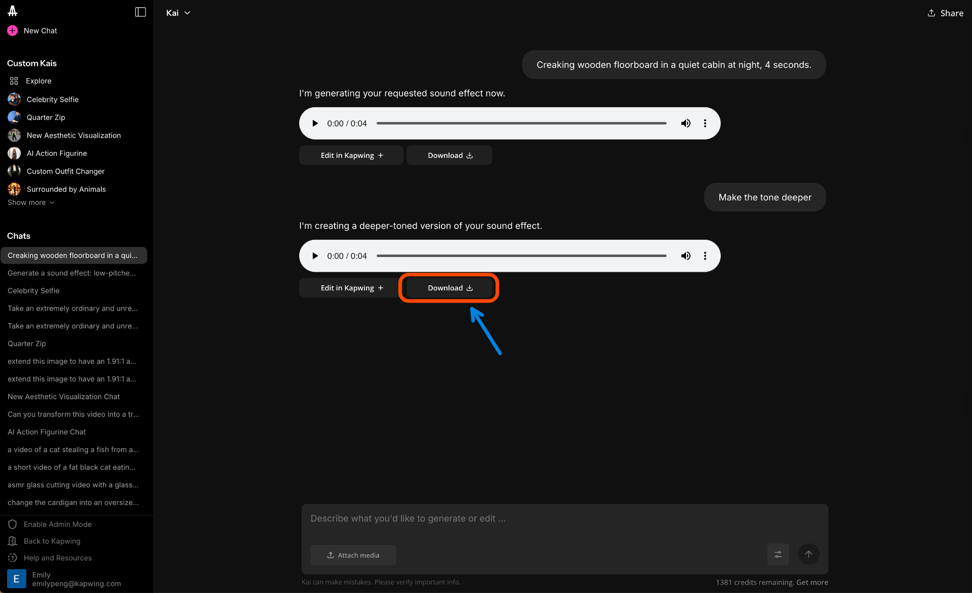 Download screen in Kapwing showing custom AI-generated sound effect as an MP3