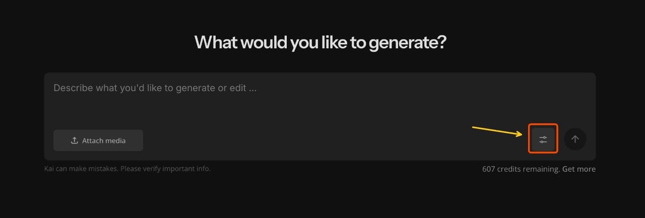 Kai interface showing the model selector button in the bottom-right corner for choosing GPT Image 1 or Sora 2 inside Kapwing.