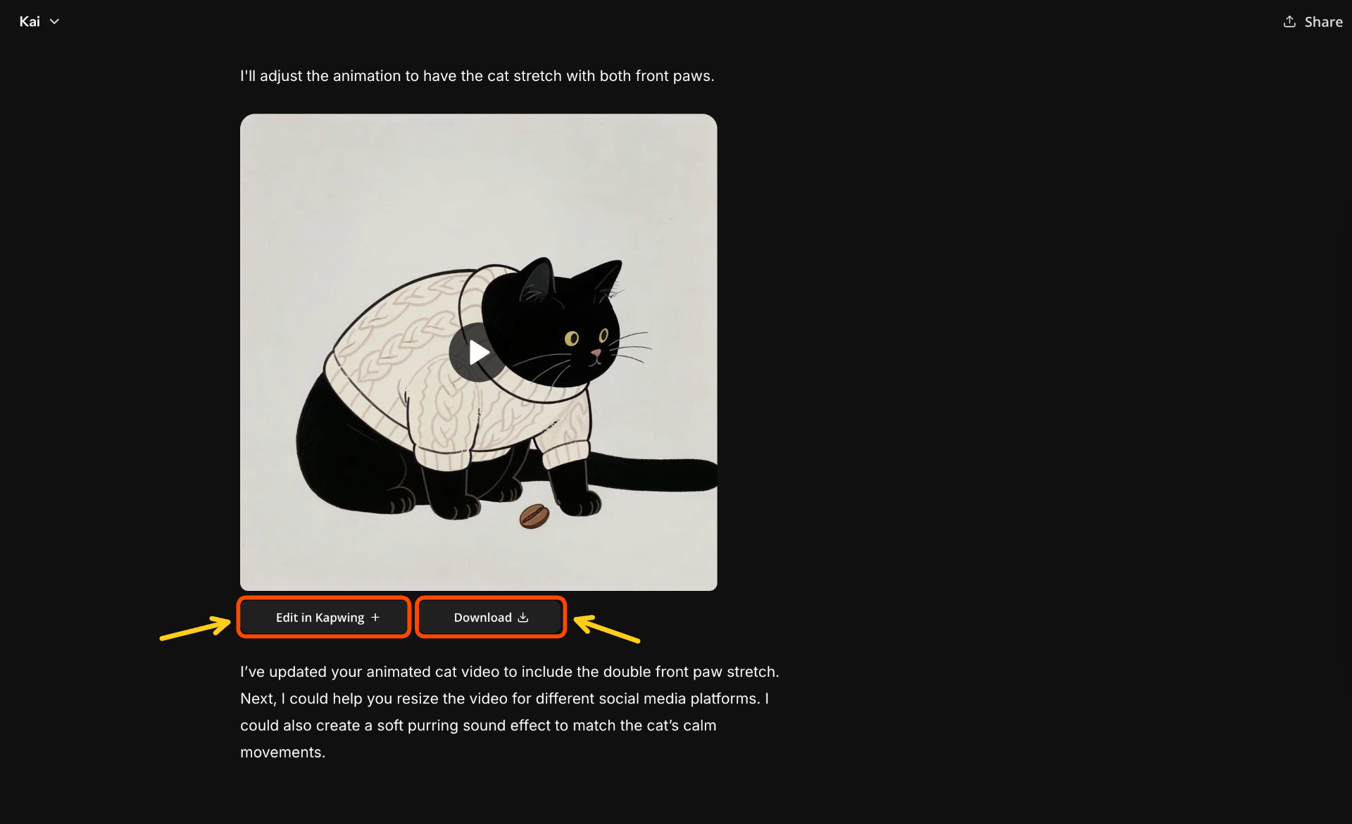 Kai screen displaying “Edit in Kapwing” and “Download” buttons beneath a Sora AI-generated animation, showing post-generation workflow options.
