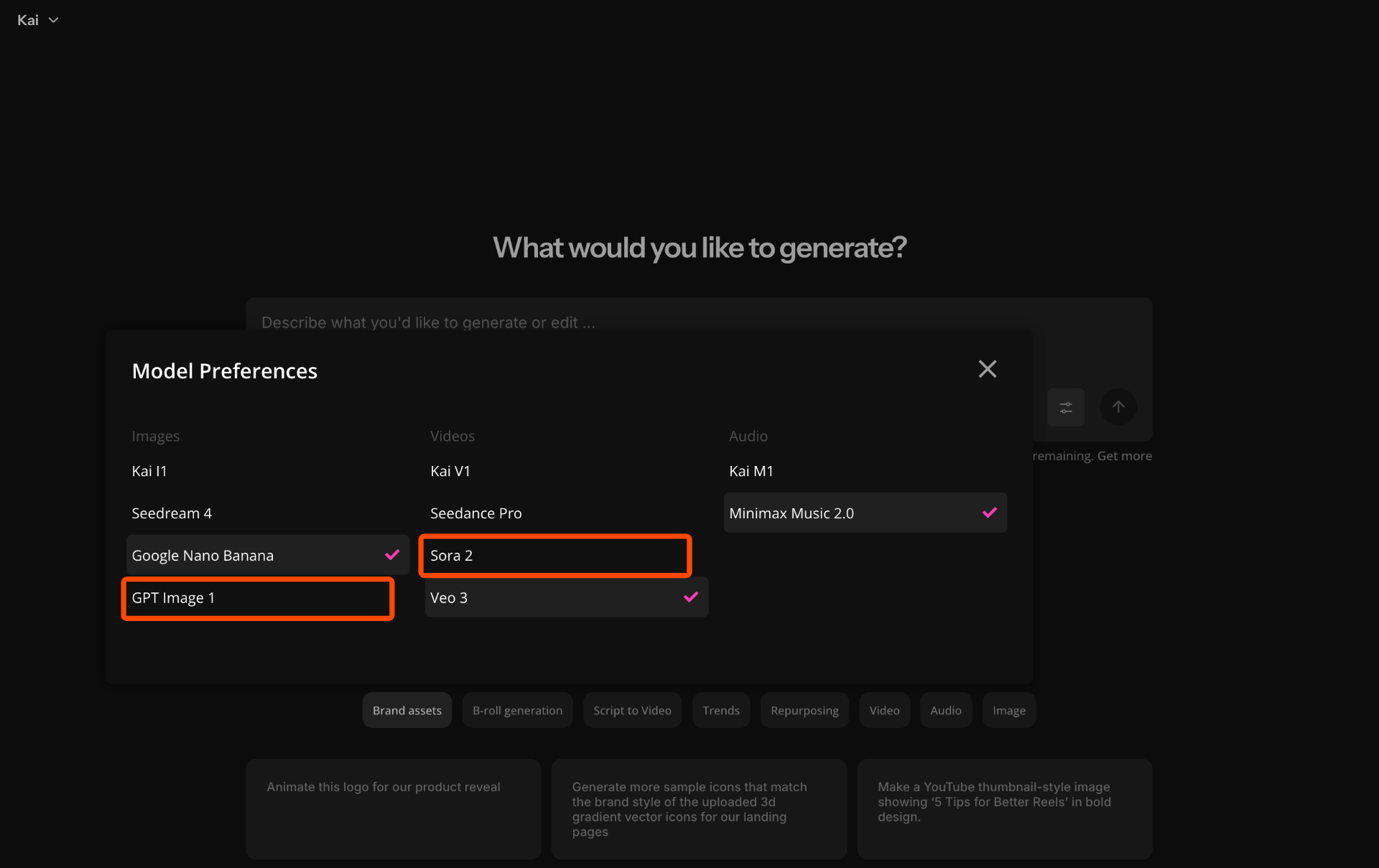 Model Preferences window in Kai displaying available AI models, including GPT Image 1 for images and Sora 2 for text-to-video generation.